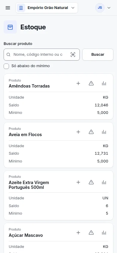 Tela de estoque do Vender+ com saldo e mínimo de cada produto