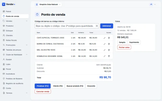 Ponto de venda do Vender+ no computador com quatro produtos bipados e o total da venda